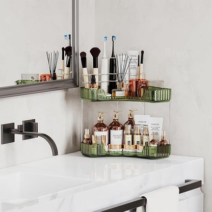 Asayuee 2-Tier Corner Bathroom Counter Organizer with Top Toothbrush Holders,Large Makeup Organizer Countertop with Brush Holder,Skincare Organizers Corner,Exquisite Vanity Organizer(Green, 2 Tier)