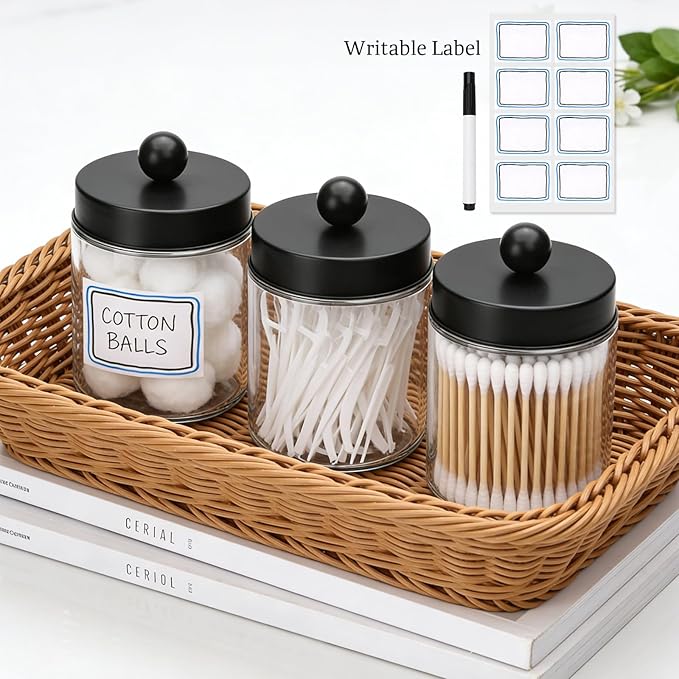 Accguan Apothecary Jars Bathroom Vanity Storage Organizer Set, Glass Countertop Canisters with Stainless Steel Lids, Qtip Holder for Cotton Swabs, Makeup Sponges, Flossers, 6 Pack