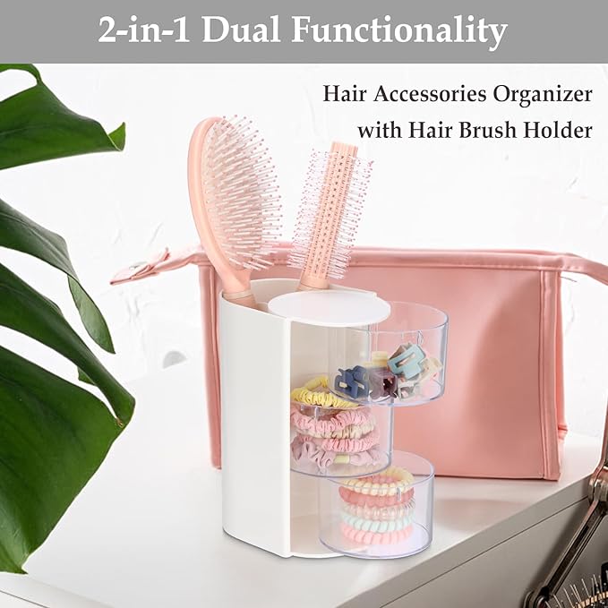 Rotating Hair Accessories Organizer with Comb Holder Plastic Hair Clips Storage Container Cosmetic Storage Box for Makeup Sponge Brush, 3-Layer White