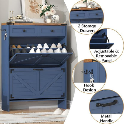 Shoe Storage Cabinet with 2 Flip Drawers & 2 Storage Drawers, Tall Narrow Slim Shoe Rack Organizer, Farmhouse Wood Hidden Shoe Cabinet for Entryway,Hallway, Blue