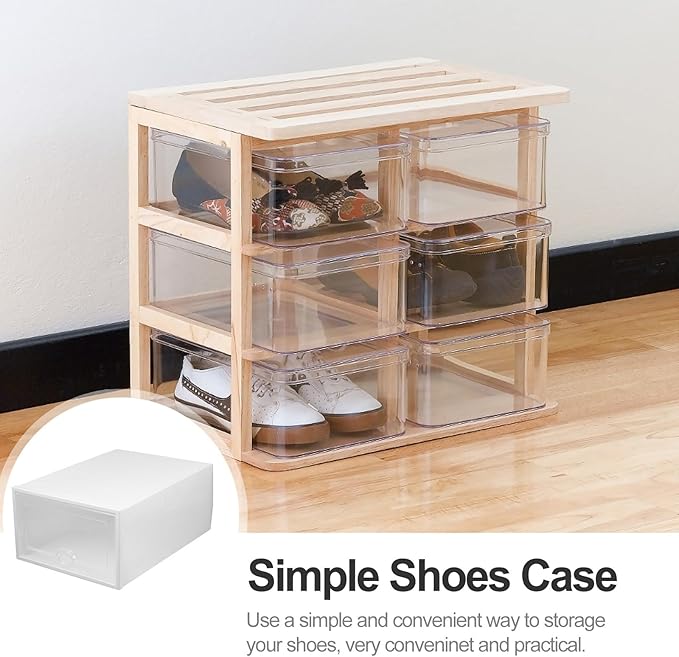 GLEAVI 6 Pcs Plastic Shoe Boxes with Flip- Design, Stackable Shoe Storage Organizer for Closet and Home, White 33x23x14cm