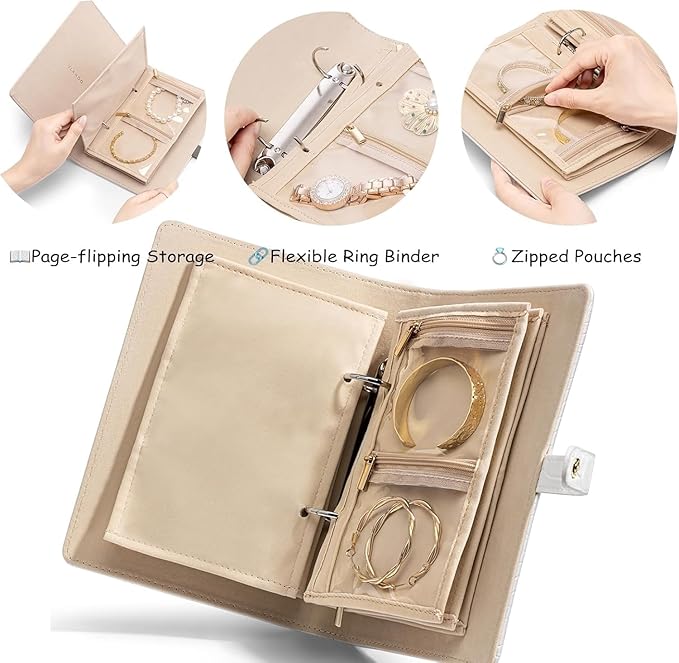 Jewelry Book Organizer - Leather Travel Jewelry Case with 5 Detachable Pages for Necklaces, Rings, Earrings, Tangle-Free, Giftable (Pink jewelry bag (including a five-page cloth bag))