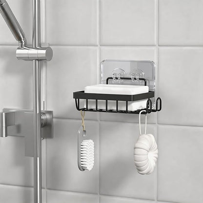 Adhesive Soap Bar Holder for Shower Wall with Soap Saver, Self Draining Soap Dish Container Caddy with 2 Hooks for Razor Loofah, Shampoo Sponge Tray Case Box for Bathroom Sink, Black