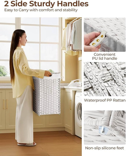 Greenstell Laundry Hamper with lid, No Install Needed, 110L Wicker Laundry Baskets Foldable 2 Removable Liner Bags, 2 Section Clothes Hamper Handwoven Rattan Laundry Basket with Handles, White