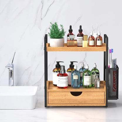 LEMIKKLE Bathroom Counter Organizer with Drawer and Basket,Wood Countertop Organizer for Bathroom Decor Makeup Tray for Perfume Skincare Bedroom Kitchen Corner