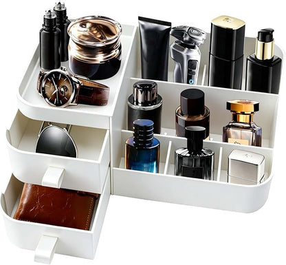 White Perfume Organizer for Men with Drawers, Cologne Organizer for Men, Mens Organizer for Cologne and Jewelry, Cologne Holder for Mens Dresser Bedroom, Bathroom Organizer and Storage