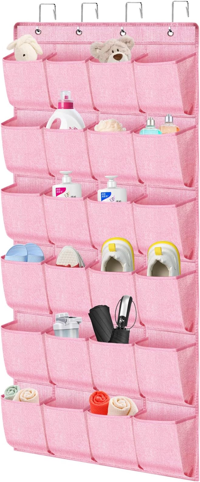 homyfort Pink Shoe Organizer Over the Door for Girls Women Kids Room,Hanging Shoe Rack Organizer for Closet Door,Zapateras Storage Holder with 24 Large Pockets & 4 Sturdy Hooks for Shoes,Slippers