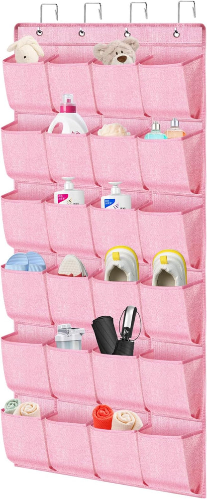 homyfort Pink Shoe Organizer Over the Door for Girls Women Kids Room,Hanging Shoe Rack Organizer for Closet Door,Zapateras Storage Holder with 24 Large Pockets & 4 Sturdy Hooks for Shoes,Slippers