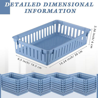 Wenqik 24 Pcs Plastic Storage Baskets for Classroom Organizing Small Pantry Storage Bins Rectangular Tray for Back to School Household Toys Classroom Bedrooms, Kitchens Countertops(Haze Blue)