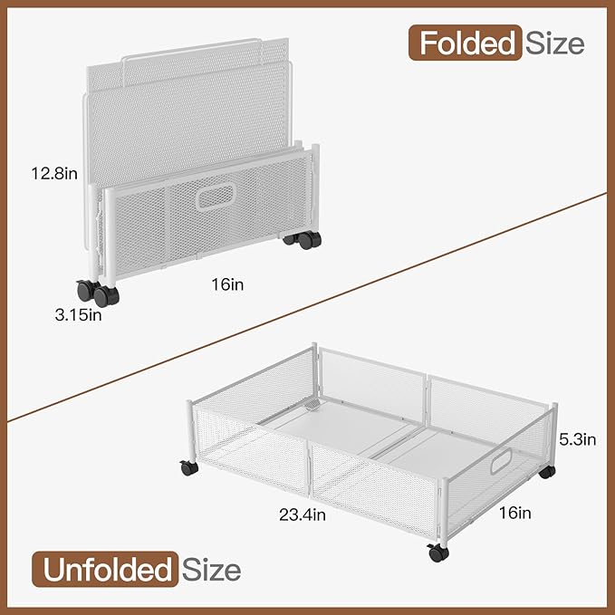 Gawerk Under Bed Storage with Wheels, Foldable Metal Mesh Underbed Storage Container Bins, Tool-free Assembly Clothes Drawer Organizer, 2Pack
