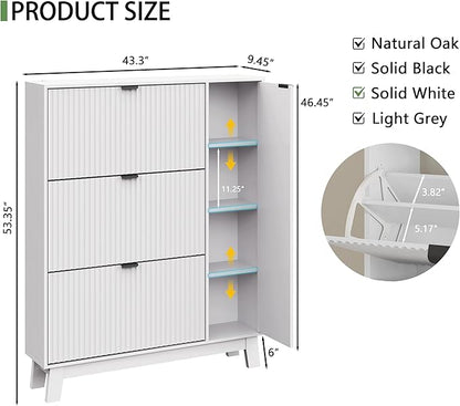Xixini Shoe Cabinet with 3 Flip Drawers, 54" Tall Narrow Fluted Shoe Storage Organizer for Entryway, Hidden Wooden Shoe Rack with Adjustable Side Cabinet for Front Door Entrance, Hallway, Solid White