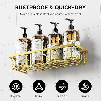 Shower Caddy, 5 Pack Shower Shelves for Inside Bathroom, Rustproof Adhesive Bathroom Organizer with Soap Holder, No Drilling Washroom Organizers and Storage for Bathtub Room/Kitchen/Home, Gold