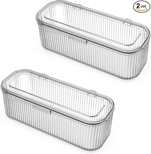 JessLab Makeup Brush Holder Organizer, Clear Makeup Sponges Organizer, Cosmetic Storage Case with Lid Display Case for Vanity, 1 Compartment (2 Pack)
