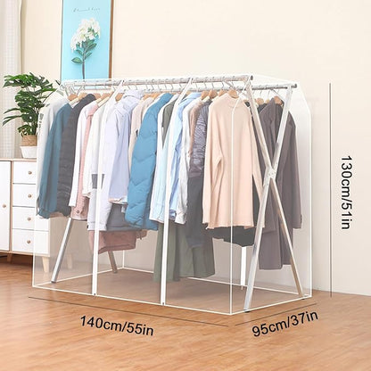 Clothes Rack Cover with Zipper, Dustproof Clothes Cover with 2 Durable Zipper Clothing Waterproof Protector, Designed for X-Type Coat Racks(Clear,140x130x95cm/55x51x37in)