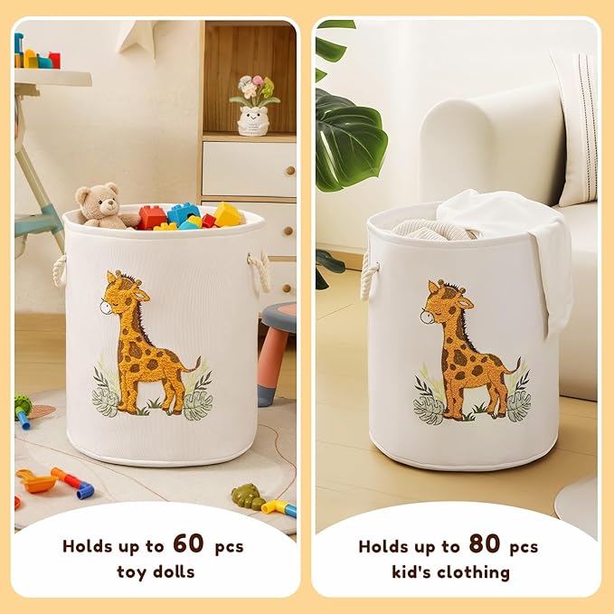 Kids Laundry Basket Baby Hamper for Nursery, Canvas 58L Large Dirty Clothes Hampers with Drawstring Closure, Jungle Theme Baby Basket, Animal Baskets Toy Laundry Hamper, Safari Nursery Decor, Giraffe