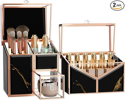 CoralHouse black makeup organizer – Vanity Holder with 18-Slot Lipstick Organizer & Covered Makeup Brush Holder – Skincare, Perfume & Cosmetic Display for Bathroom or Dresser