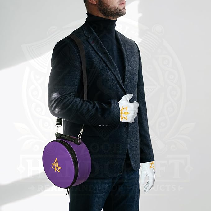Masonic Cryptic Masons Crown Cap Case – 9”x9” Purple Embroidered (R&SM Emblem) Freemason Hat Box Foldable Design with Shoulder Strap & Cotton Gloves – Lightweight & Travel-Friendly
