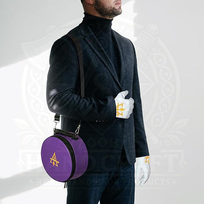 Masonic Cryptic Masons Crown Cap Case – 9”x9” Purple Embroidered (R&SM Emblem) Freemason Hat Box Foldable Design with Shoulder Strap & Cotton Gloves – Lightweight & Travel-Friendly