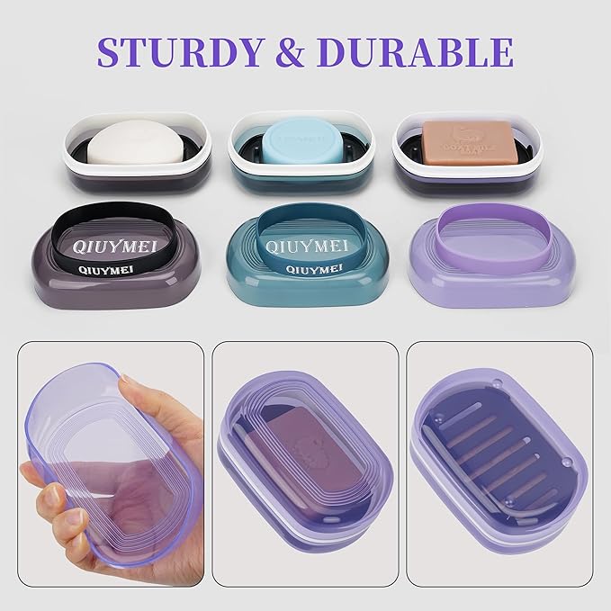 Leakproof Travel Soap Case with Lid | Draining Soap Bar Holder & Dish with Silicone Strap | Includes Mesh Soap Bag | for Shower, Bathroom, Camping, Gym (Grape Purple)