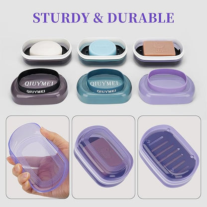 Leakproof Travel Soap Case with Lid | Draining Soap Bar Holder & Dish with Silicone Strap | Includes Mesh Soap Bag | for Shower, Bathroom, Camping, Gym (Grape Purple)