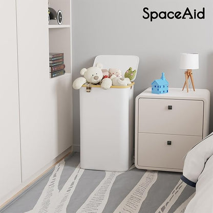 SpaceAid Laundry Hamper with Lid, 110L Large Tall Clothes Basket Bin with Bamboo Handles, Collapsible Laundry Hamper for Bedroom, Bathroom, Dorm, Laundry Room - White