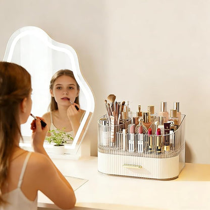 Makeup Organizer with 360° Rotating Brush Holder and Stackable Drawers, Cosmetic Display Case for Vanity, Bathroom Countertop (White, 2 Layer)