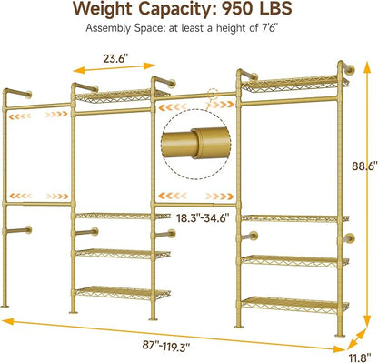 ONBRILL H4 Wall Mounted Closet System, Expandable Industrial Pipe Clothes Rack Clothing Rack for Hanging Clothes, Heavy Duty Closet Organizers and Storage in Wardrobe Closet - Gold