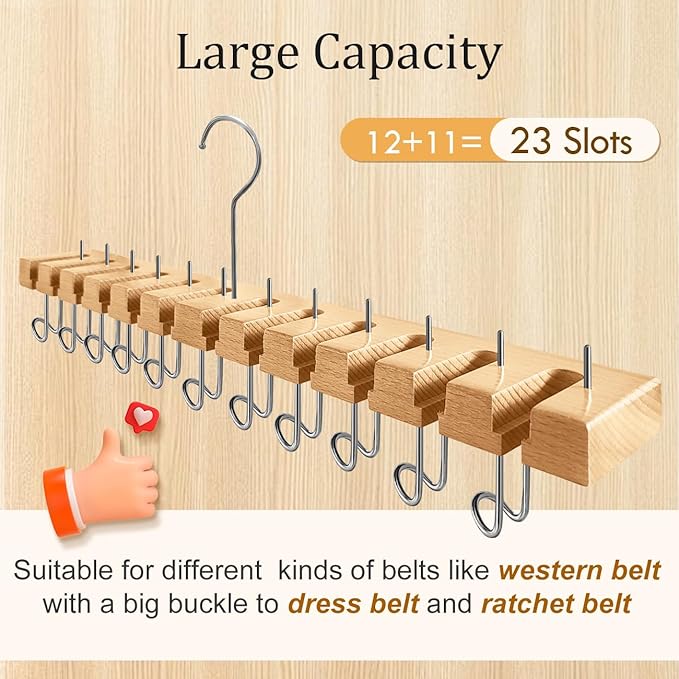 Wooden Belt Hanger for Closet 2-in-1 Wall Mount Belt Organizer Holder for Closet Organizer Storage, Ratchet Belt Rack Closet Accessories with 12 Slots & 11 Hooks