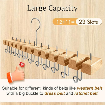 Wooden Belt Hanger for Closet 2-in-1 Wall Mount Belt Organizer Holder for Closet Organizer Storage, Ratchet Belt Rack Closet Accessories with 12 Slots & 11 Hooks