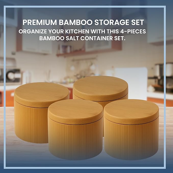 Bamboo Salt Containers with Magnetic Swivel Lids – 4Pcs Round Wooden Spice Storage Containers for Salt, Herbs, Flaky Salt & Seasonings Kitchen Countertop Storage