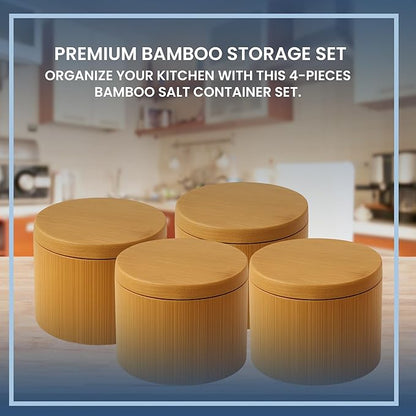 Bamboo Salt Containers with Magnetic Swivel Lids – 4Pcs Round Wooden Spice Storage Containers for Salt, Herbs, Flaky Salt & Seasonings Kitchen Countertop Storage