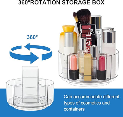 360° Rotating Makeup Organizer Clear Turntable Lazy Susan Organizer for Vanity, Bathroom Counter, Spinning Cosmetic Display Case with 5 Compartment Holder for Skin Care, Makeup Brushes, Lipsticks