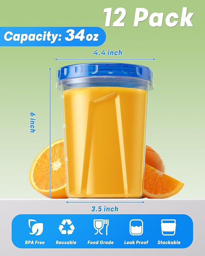 BiuLeon 12 Pack-34oz Freezer Storage Containers, Plastic Food Storage Containers with Twist Top Lids, BPA Free and Reusable Soup Containers with Lid, Microwave and Dishwasher Safe