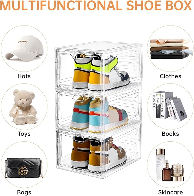 INSTY 6 Pack Large Shoe Storage Box, Clear Shoe Storage Organizer with Magnetic Door, Stackable,Shoe Containers For Display Sneakers, Easy Assembly, Fit up to US Size 12, Clear