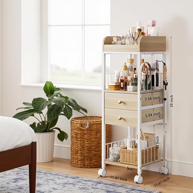 Makeup Organizer Cart, Rolling Floor Skincare Organizer and Storage with 2 Wooden Drawers, Cosmetics Display Cases Holder for Skin Care Perfume Hair Tools Nail Polish