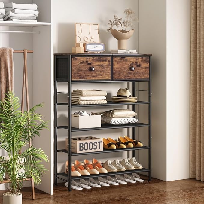 INGIORDAR Shoe Rack Organizer 5 Tier Metal Organizer Shelf with Industrial MDF Board and Layer Fabric for Entryway Closet Bedroom Living Room Garage (Black+Rustic Brown, 5 Tier with 2 Drawers)