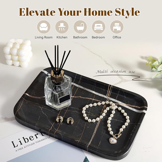 Koville Marble Tray, 12"x8" Natural Marble Vanity Tray for Countertop Bathroom Kitchen Dresser, Decorative Catchall Trays for Perfume Jewelry, Rectangular Stone Serving Tray(Black)