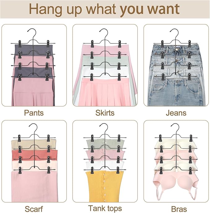 TOPIA HANGER 4 Tier Skirt Hangers for Women, Pants Hanger Space Saving with Adjustable Clips, Save 80% More Space, Clip Hanger for Slacks, Trousers, Shorts, Jeans, Towels, 2-Pack, CT73B