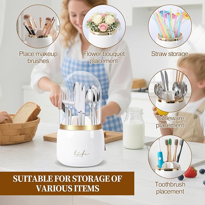 360° Rotating Silverware Utensil Holder for Kitchen Counter, Spoon and Fork Holder with Cover, Cooking Utensil Organizer with 7 Slots and Intermediate Drainage Device for Kitchen Decor(White)