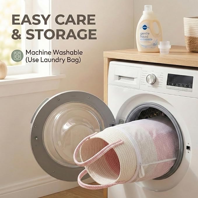 JMvicyroam 65L Extra Large Blanket Basket for Living Room - Woven Cotton Rope Laundry Hamper with Reinforced Handles - Storage Bin for Pillows, Comforters & Toys - Machine Washable,White&Pink