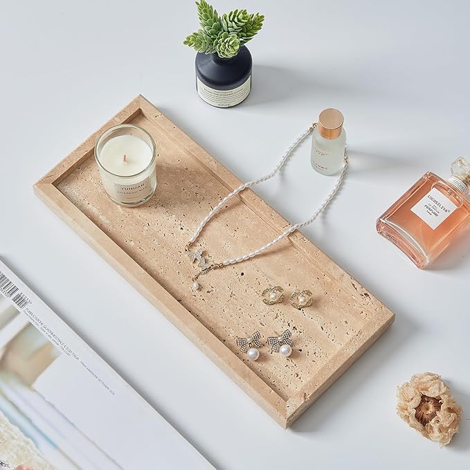 Natural Travertine Vanity Tray, Luxury Stone Organizer for Bathroom & Kitchen Counter | Holds Soap Dispenser, Jewelry, Perfume | Non-Resin, Non-Ceramic Décor