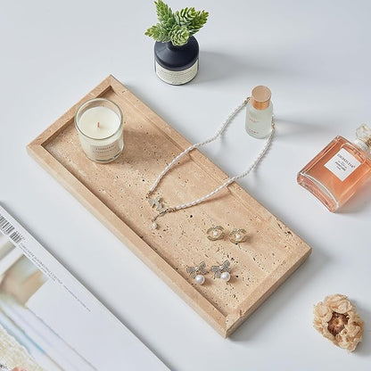 Natural Travertine Vanity Tray, Luxury Stone Organizer for Bathroom & Kitchen Counter | Holds Soap Dispenser, Jewelry, Perfume | Non-Resin, Non-Ceramic Décor