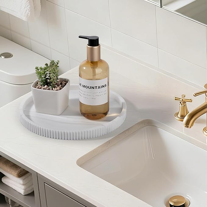 Silicone Bathroom Tray Round Kitchen Counter Organizer Decorative Vanity Accessories Coffee Table Decor for Perfume, Candle, Soap Dish, 9 Inch, Marble