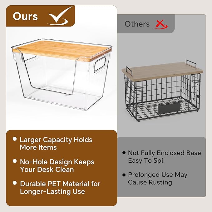 Criusia 2 Large and 2 Small Pantry Organizers and Storage with Bamboo Lids, Stackable Clear Bins for Onion, Potato, Fruit, Vegetables, Trash Bag Dispenser, Kitchen and Under Sink Organizer