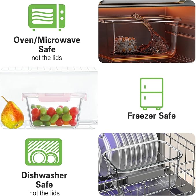 HOMBERKING 4 Pieces 63oz/8cup Large Glass Food Storage Containers with Lids, Meal Prep Containers, Airtight Bento Boxes with Leak Proof Locking (2 Containers + 2 Lids), Microwave, Oven Safe-Pink