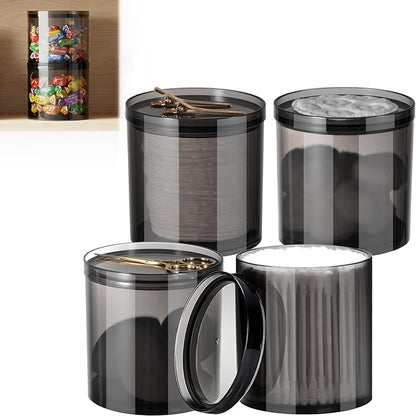 4Pack Stackable Black Plastic Container - 20 Ounce Round Vanity Storage Organizers with Lids for Hair Accessories & Beauty Supplies & Bathroom Container Set