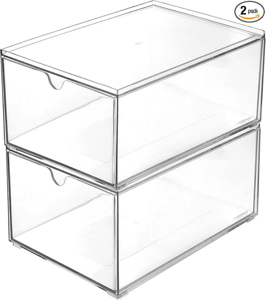 Youngever 2 Pack Stackable Plastic Organiser Drawers, Clear Cosmetic Organizers, Makeup Organiser Drawers