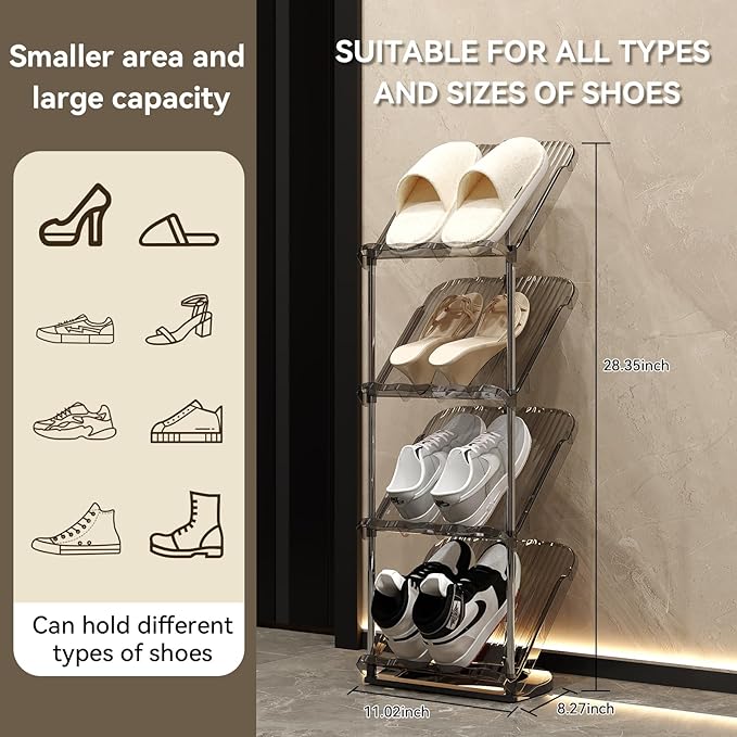 YYW Narrow Shoe Rack Vertical Shoes Rack for Entryway Corner Shoe Storage Organizer for Small Spaces Transparently Tall Slim Shoe Shelf for Front Door Entrance Living Room Grey 4 Layers