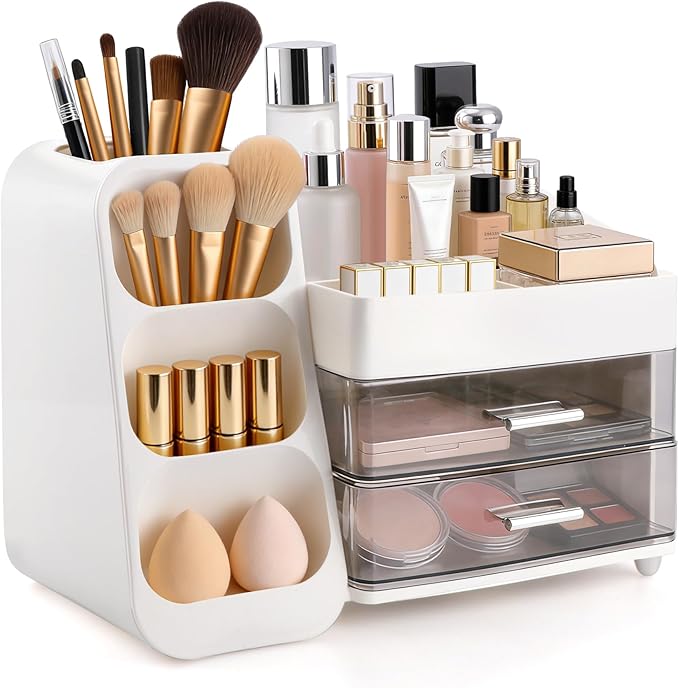 Homeanda Makeup Organizer with Drawers – Large Cosmetic Storage Box for Vanity, Bathroom, or Bedroom, Perfect for Skincare, Brushes, Lipstick, Eyeshadow,and Beauty Essentials (White)