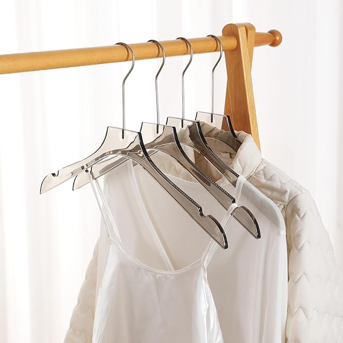 Crystal Clear Acrylic Clothes Hangers 20 Pack, Thin Non-Slip Suit Hangers, Heavy Duty Transparent Hangers for Closet Organization, Space-Saving(Smoky Gray)